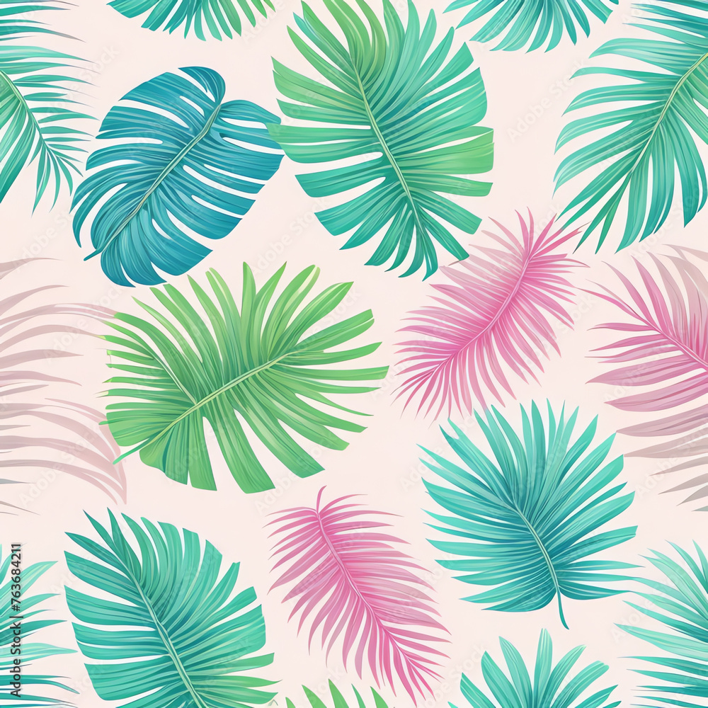 illustration green and pink tropical mix leaves random pattern, pastel background wallpaper style illustration green and pink tropical mix leaves random pattern, pastel background wallpaper style