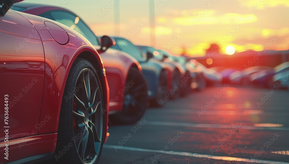 Golden Hour Retreat - Cars at Sunset in a Serene Parking Lot - Stock Photo Golden Hour Retreat - Cars at Sunset in a Serene Parking Lot - Stock Photo