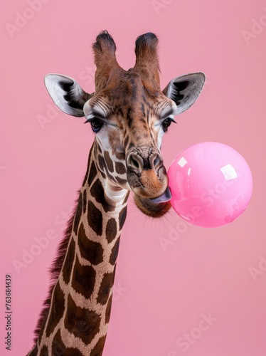 A giraffe is chewing on a pink balloon in a grassy field