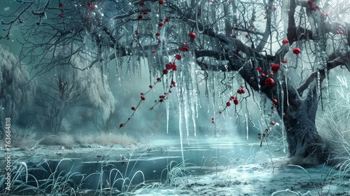 Ice and icicles and frozen rose hips and a weeping willow tree