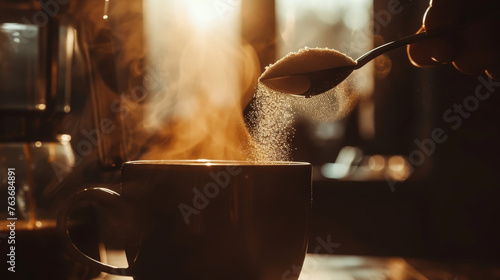 A hand is pouring sugar into a cup of coffee