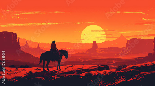 Cowboy riding horse through desert landscape, illustration