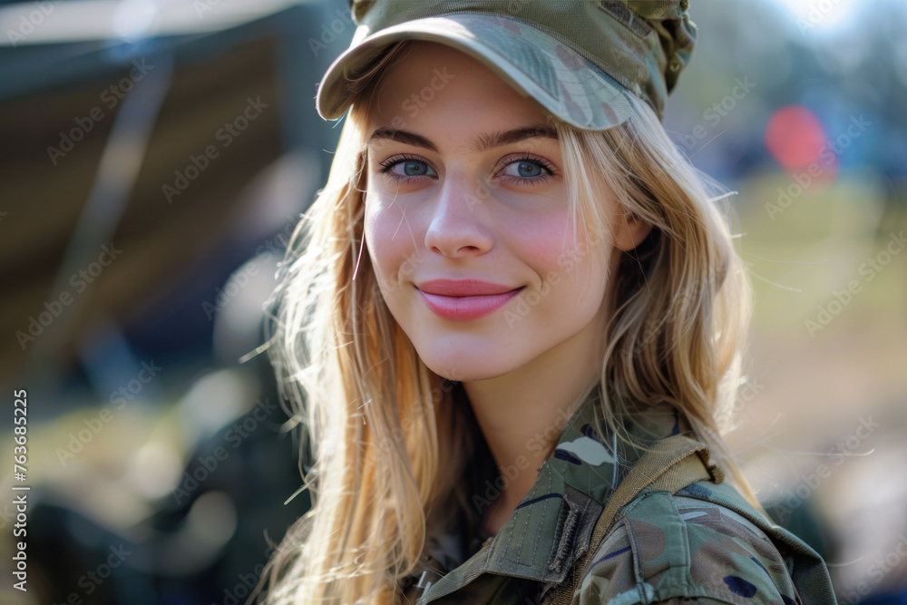 Blonde woman army soldier smiling in Universal Camouflage Uniform Blonde woman army soldier smiling in Universal Camouflage Uniform