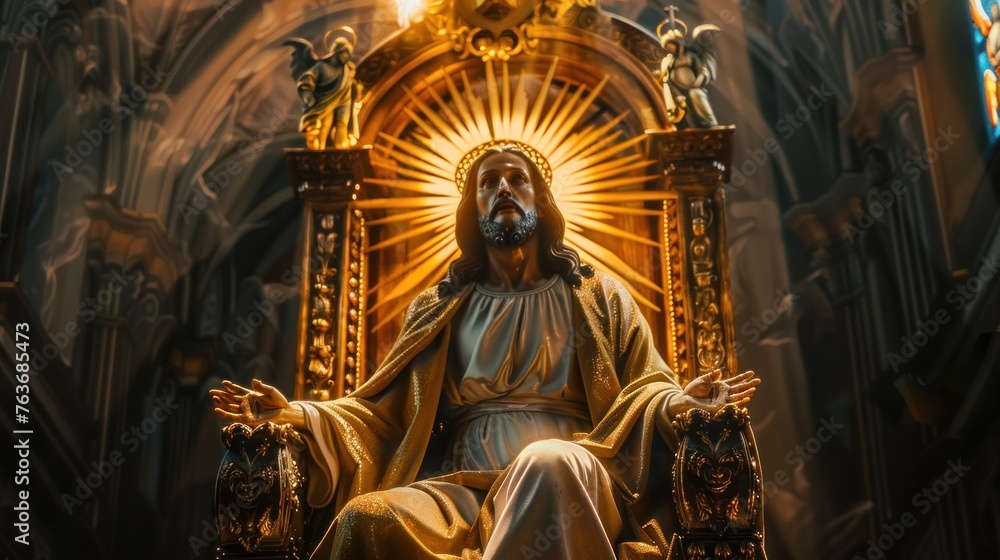 Obraz premium Heavenly depiction. Jesus seated regally on a majestic throne in divine radiance. Evokes awe and reverence.