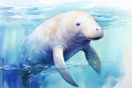 Dugong, water color, drawing, vibrant color, cute © sunchai