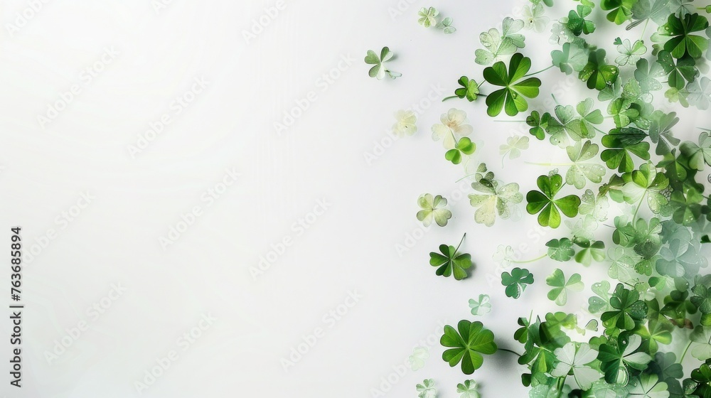 Clover leaves spreading from corner over white background, symbolizing luck and Irish tradition. Saint Patrick's Day celebration backdrop with space for text. Clover leaves spreading from corner over white background, symbolizing luck and Irish tradition. Saint Patrick's Day celebration backdrop with space for text.