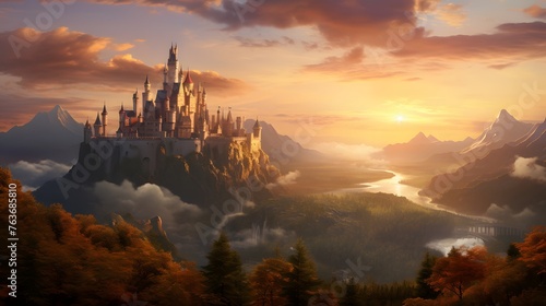 An enchanting castle overlooking the picturesque alpine landscape, its turrets and battlements silhouetted against the fiery hues of a setting sun, casting a magical glow over the mountains.