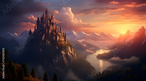 An enchanting castle overlooking the picturesque alpine landscape, its turrets and battlements silhouetted against the fiery hues of a setting sun, casting a magical glow over the mountains.