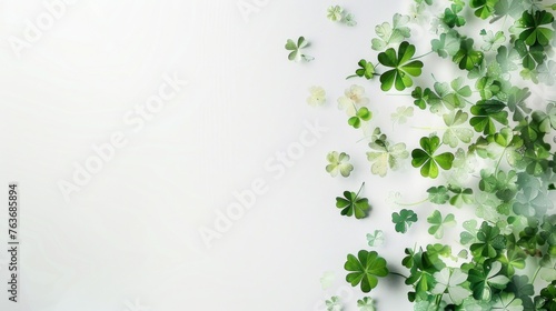 Clover leaves spreading from corner over white background, symbolizing luck and Irish tradition. Saint Patrick's Day celebration backdrop with space for text.
