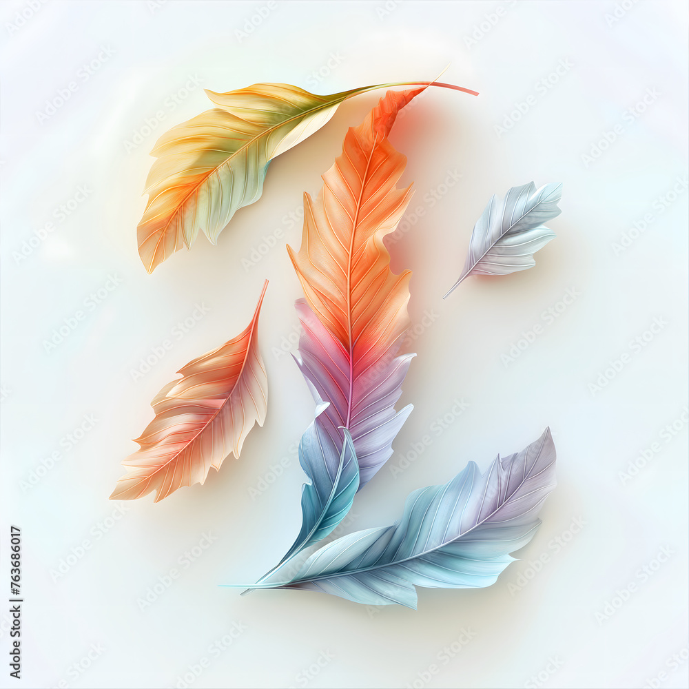 Creative illustration of letter 1 made of colorful feathers on white background.