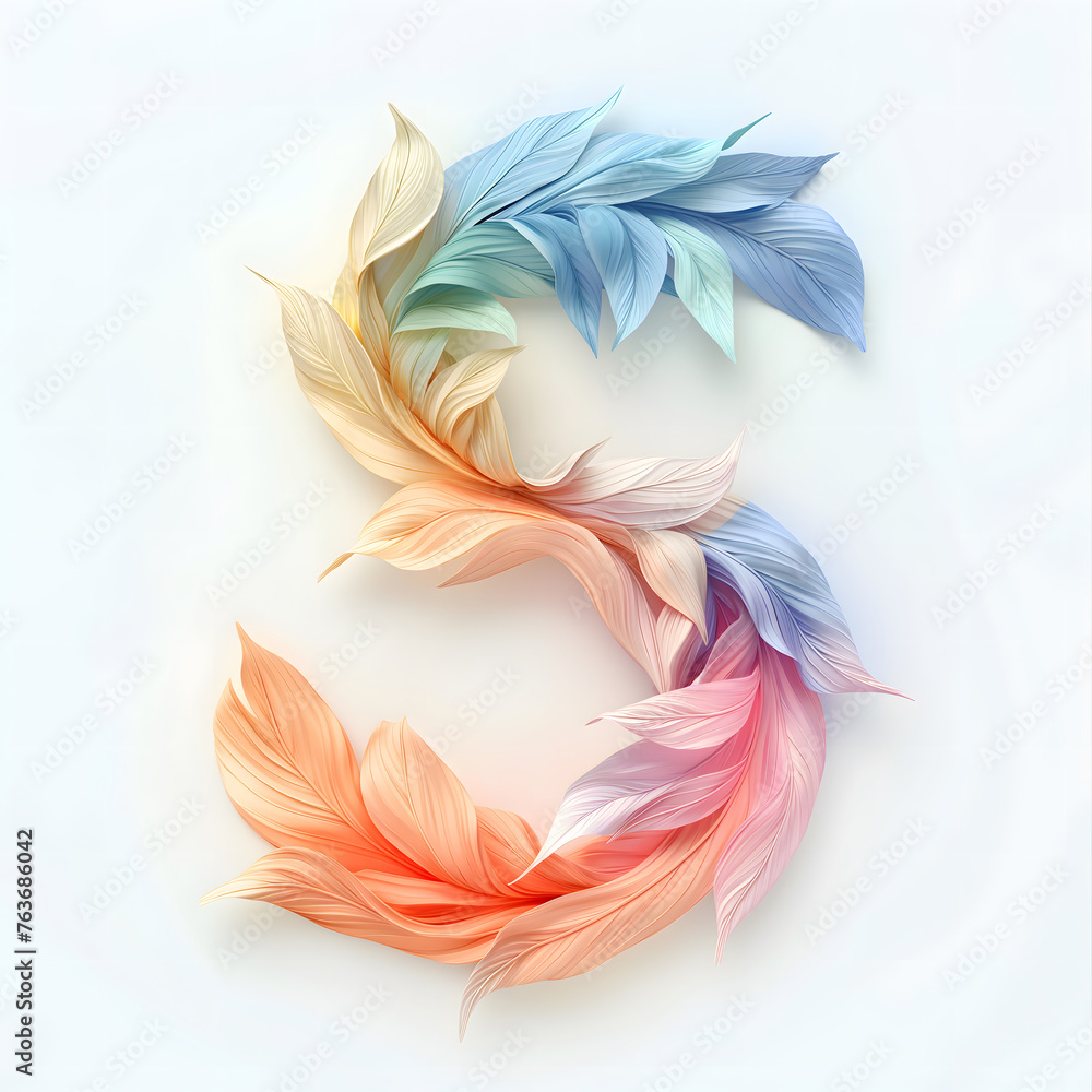 Creative illustration of letter 5 made of colorful feathers on white background Creative illustration of letter 5 made of colorful feathers on white background