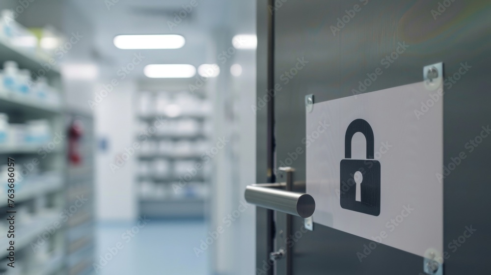 A Restricted Area sign with a padlock symbol covering a door leading to the medication storage room reminding staff of the importance of medication security. - obrazy, fototapety, plakaty 