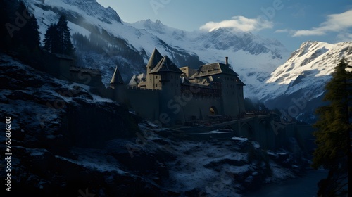 A breathtaking vista of a medieval castle perched high in the Swiss Alps, its ancient stone walls bathed in the soft glow of moonlight, casting long shadows across the rugged terrain below.