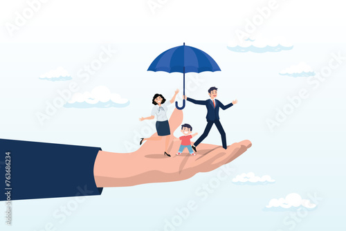 Lovely family with husband, wife and kids in supporting hand with umbrella cover protection, life insurance, family protection to assure members will be financially supported and risk cover (Vector)