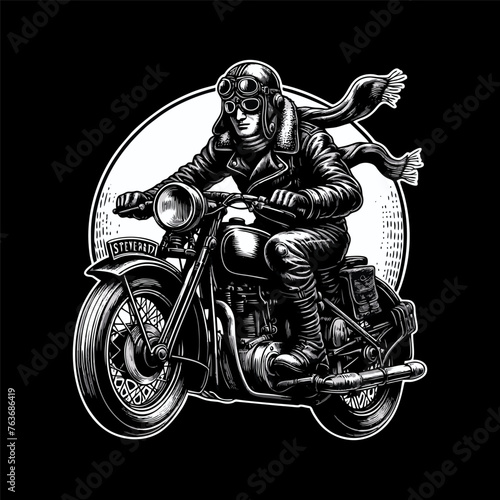  A man on motorcycle with old engraving vector style