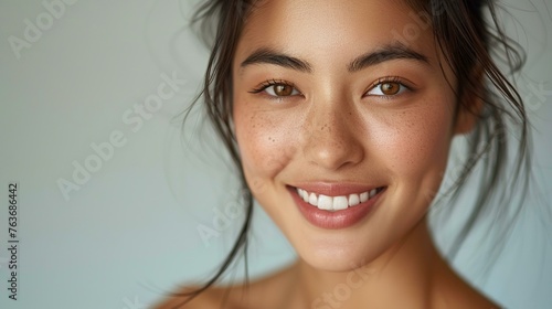 Asian woman, radiant smile, radiant skin, close-up
