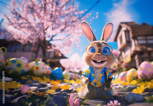A cute, smiling bunny wearing a blue and yellow Hawaiian shirt, black pants and glasses is standing in front of an Easter egg field surrounded by Easter eggs. There are cherry blossom trees behind him