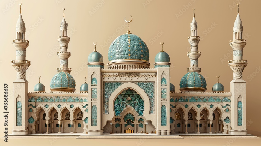 3D Mawlid banner, prophet's mosque minarets on beige