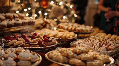 Assorted homemade Christmas cookies and desserts displayed on stands at festive event  with warm lights and decorations in background. Holiday treats and sweets presentation.