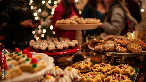 Festive Christmas desserts and treats arranged on table during holiday party with guests in soft focus background. Seasonal celebration and traditional festive food.