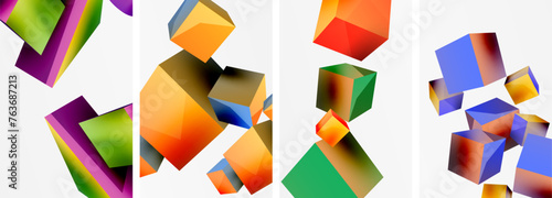 Flying 3d shapes, cubes and other geometric elements background design for wallpaper, business card, cover, poster, banner, brochure, header, website