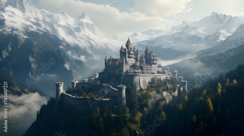 A medieval citadel rising majestically above the mist-shrouded peaks of the Alps, its ancient ramparts offering a commanding view of the surrounding valleys and forests below.