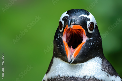 A penguin with an open mouth and orange beak photo
