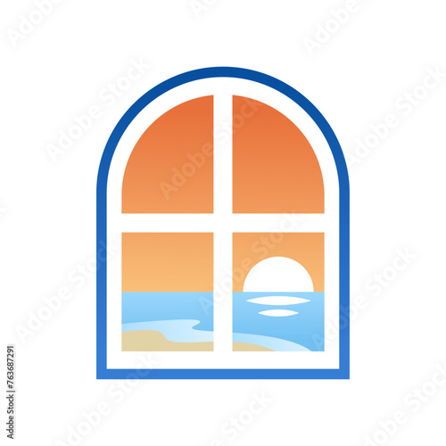 vector illustration of beach sunset view from window 