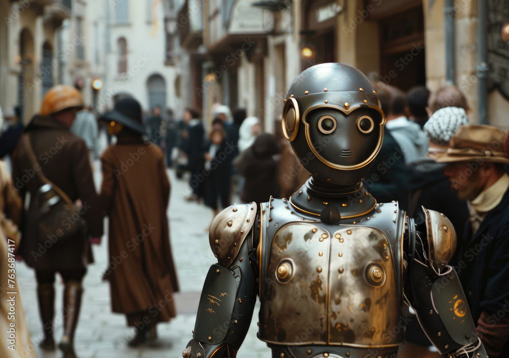 a female robot walking through the streets with people dressed as humans in a crowded street