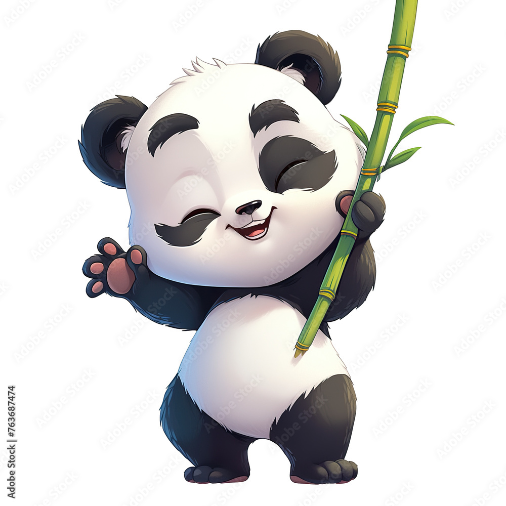 Naklejka premium The cartoon panda baby stands smiling happily with a piece of bamboo in his hand In one's clothes Front view, side view, rear view PNG