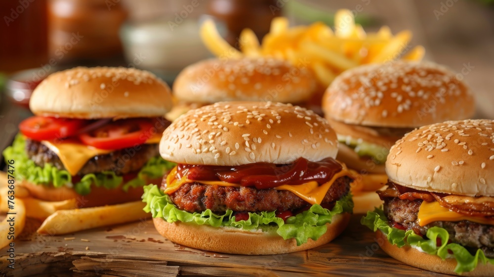 Table Set With Hamburgers and Fries Table Set With Hamburgers and Fries