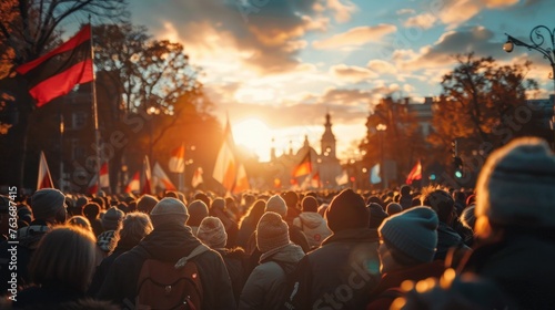 Crowd of people gathered in city square at sunset with flags, symbolizing civic engagement and public demonstrations. Commemoration and patriotism. photo