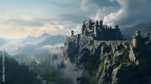 A medieval fortress perched atop a rocky crag, its weathered battlements and towering keep standing as a silent sentinel over the breathtaking beauty of the Alpine landscape, a testament to the streng photo