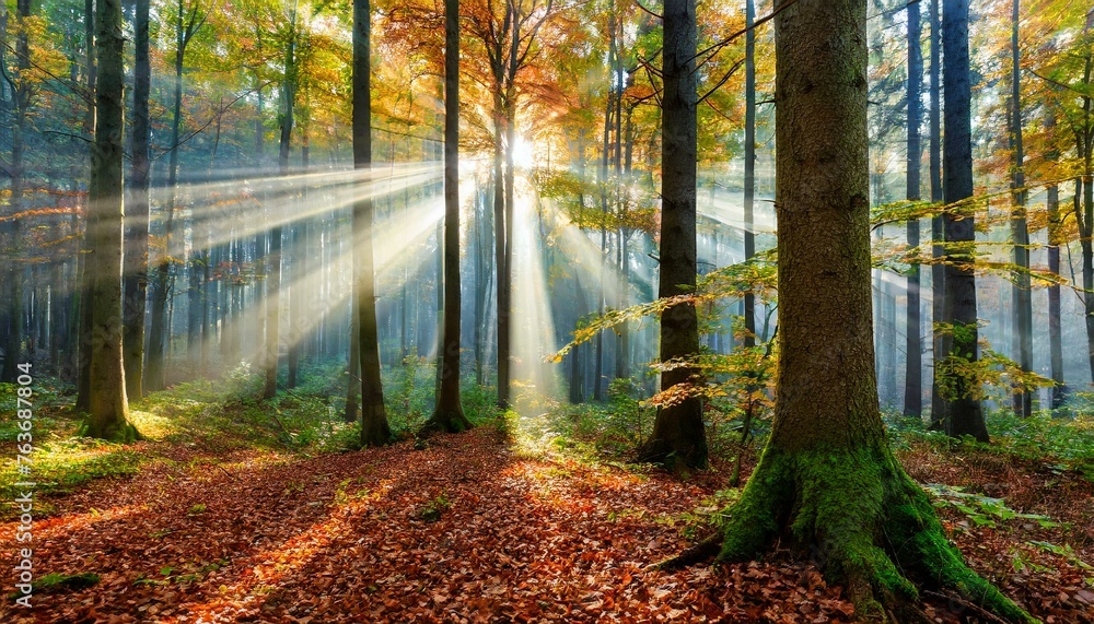Obraz premium sun beams in an autumn morning forest