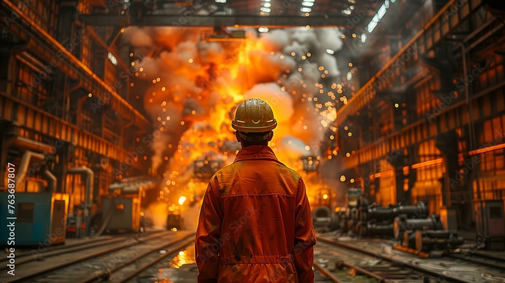 Naklejka premium Hydrogen plant oversight, engineer among steel giants