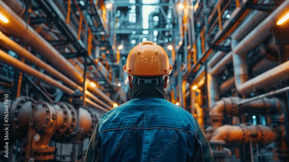 Industrial helm, engineer with hardhat facing the pipe racks Industrial helm, engineer with hardhat facing the pipe racks