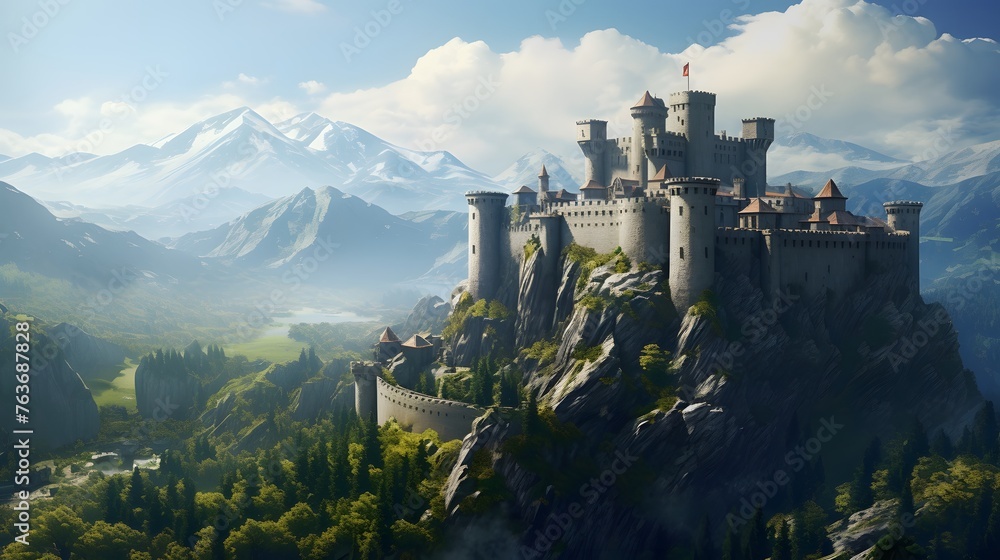 A medieval stronghold perched atop a craggy peak, its ancient walls and towers standing proud against the backdrop of a clear blue sky, offering a glimpse into a bygone era of chivalry and valor. - obrazy, fototapety, plakaty 