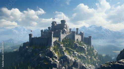 A medieval stronghold perched atop a craggy peak, its ancient walls and towers standing proud against the backdrop of a clear blue sky, offering a glimpse into a bygone era of chivalry and valor.