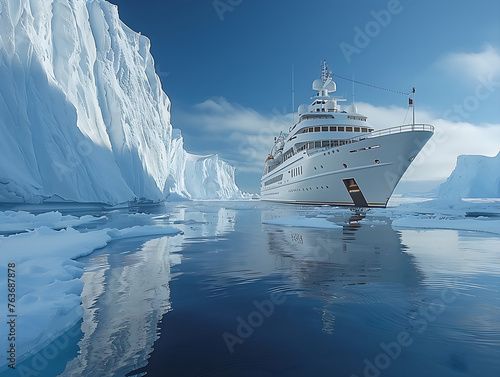 A cruise ship sails through the serene icy waters of the Arctic