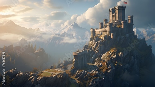 A medieval stronghold standing sentinel atop a rocky promontory, its towering walls and sturdy bastions offering a formidable defense against any would-be invaders, commanding respect and admiration. photo