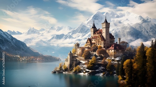 A picturesque castle nestled amidst the rolling hills and snow-capped peaks of the Swiss Alps, its timeless beauty standing as a testament to the ingenuity and craftsmanship of ions past.
