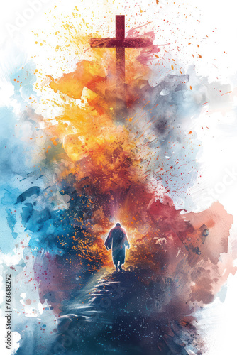 Colourful splash watercolor of Jesus Christ walking on clouds