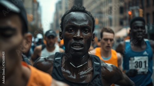 Dedicated marathon runner focused on race amidst competitors, showcasing human endurance and sportsmanship in urban setting. Determination and athleticism in sports events. © Postproduction