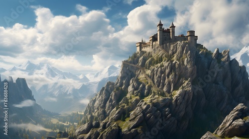 A remote mountain citadel standing sentinel against the backdrop of the majestic Alps  its weathered stone walls and imposing towers a testament to the indomitable spirit of its inhabitants  who have 