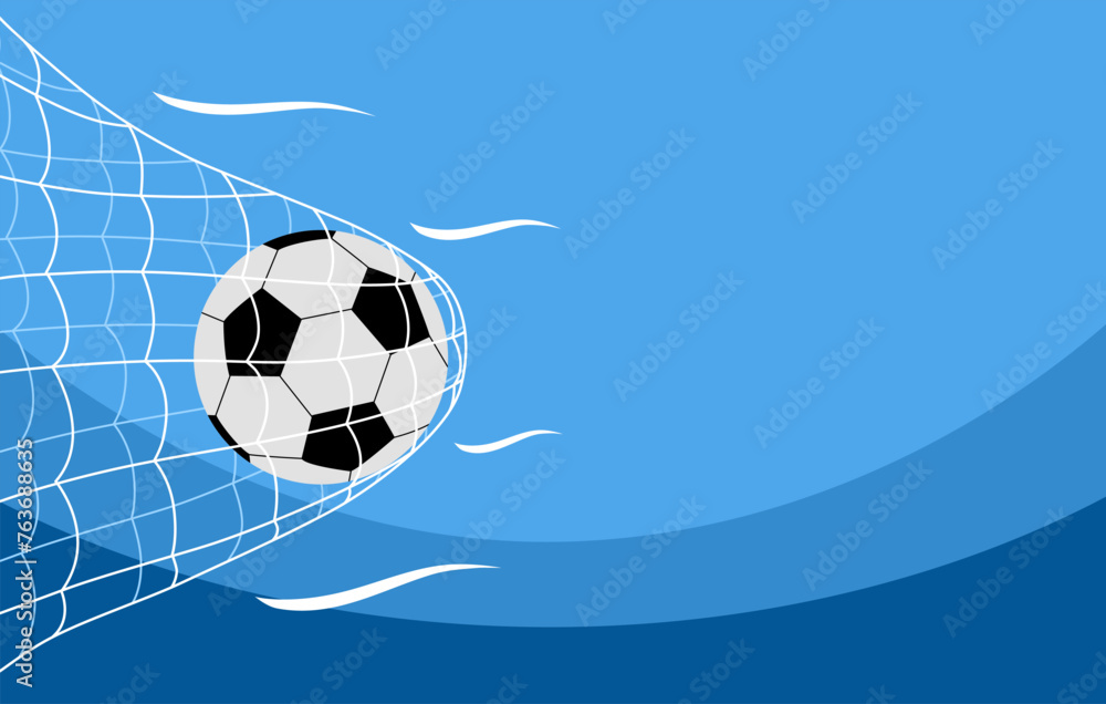 Fototapeta premium Soccer or football ball in goal net in flat design. Sport accessory, equipment for playing game, championship or competition.