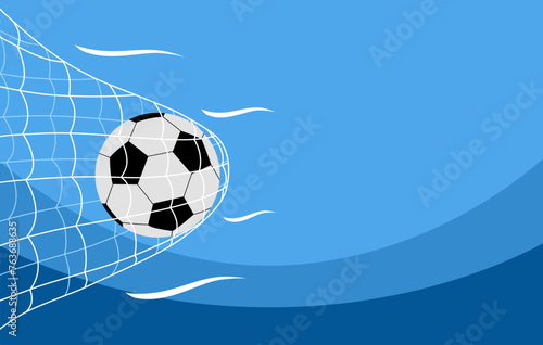 Soccer or football ball in goal net in flat design. Sport accessory, equipment for playing game, championship or competition.