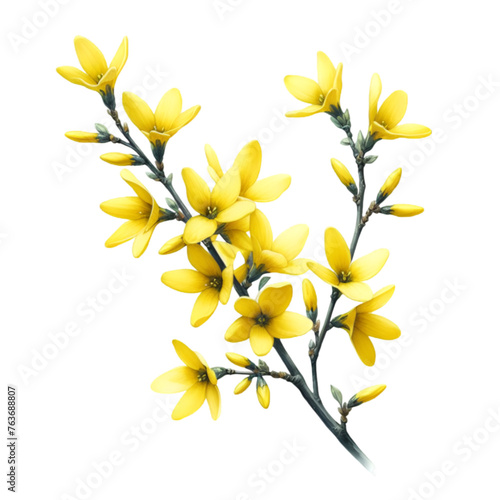 A forsythia flower branch bursts with bright yellow flowers