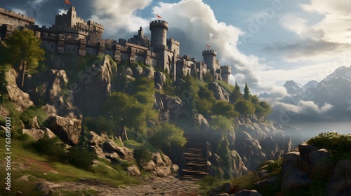 A rugged mountain pass leading to a medieval stronghold perched precariously on a rocky outcrop, its sturdy walls standing defiantly against the elements, a beacon of strength and fortitude.