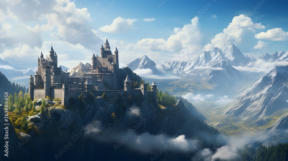 A sprawling fortress nestled amidst the breathtaking Alps, its ancient towers rising proudly against the azure sky, a testament to centuries of history and resilience.