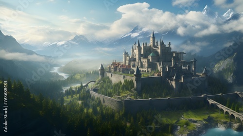 A sprawling fortress nestled amidst the breathtaking Alps, its ancient towers rising proudly against the azure sky, a testament to centuries of history and resilience. © Graphica Galore